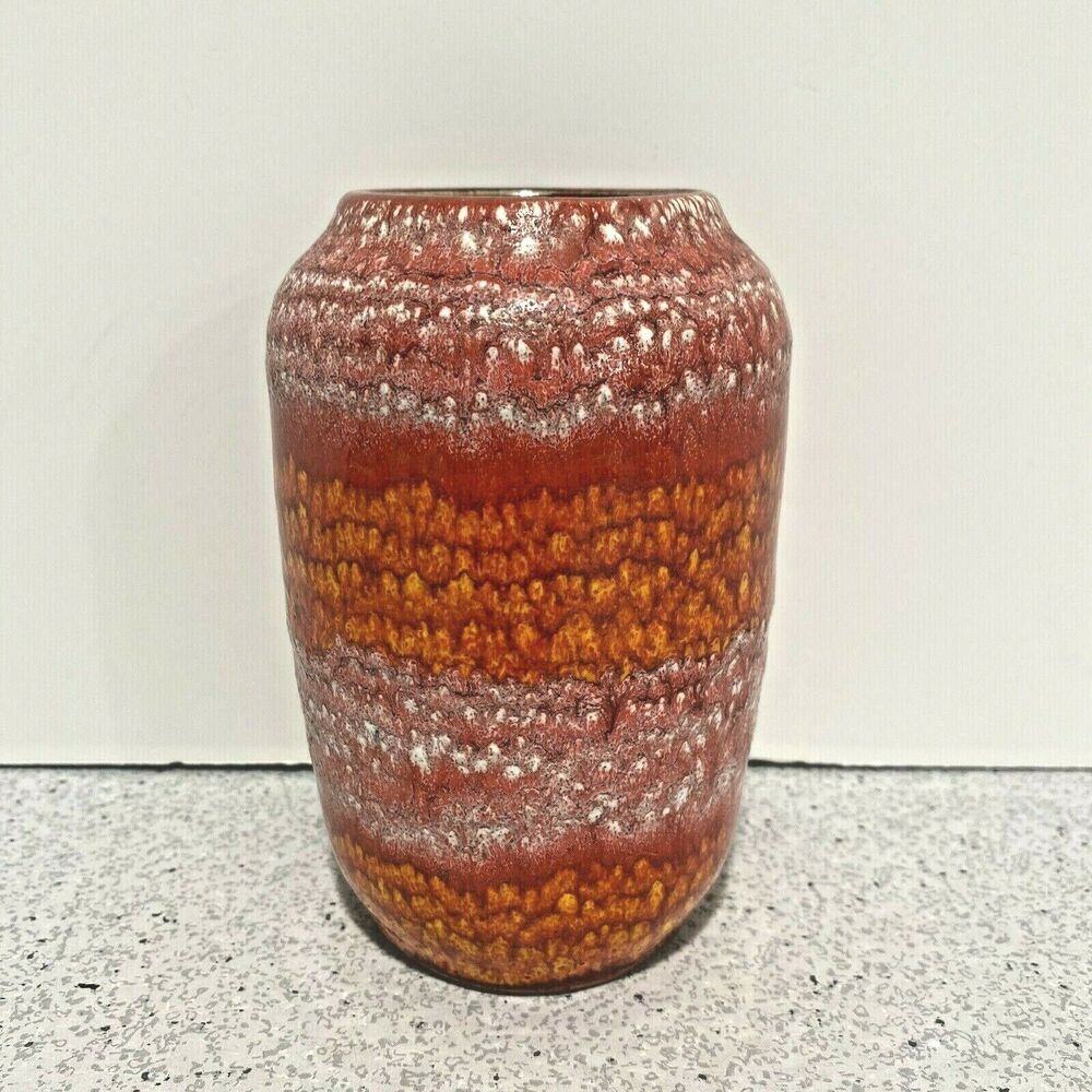 Scheurich W Germany 1970's Art Pottery Vase 238-14 Fat Lava Red Orange Textured